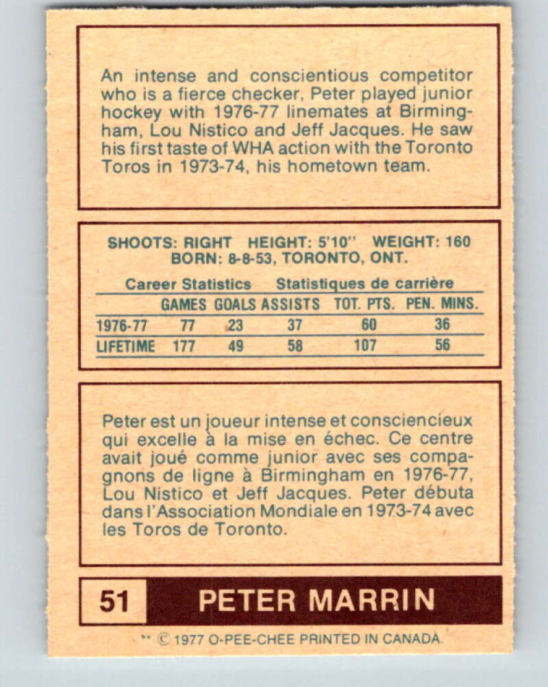 1977-78 WHA O-Pee-Chee #51 Peter Marrin Birmingham Bulls V7894