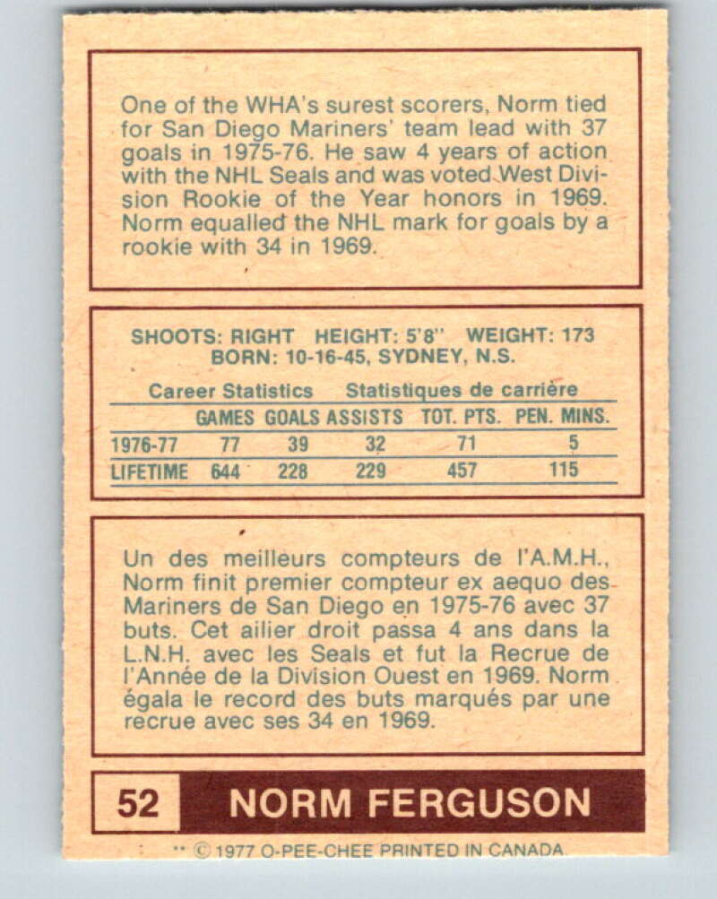1977-78 WHA O-Pee-Chee #52 Norm Ferguson Edmonton Oilers V7897