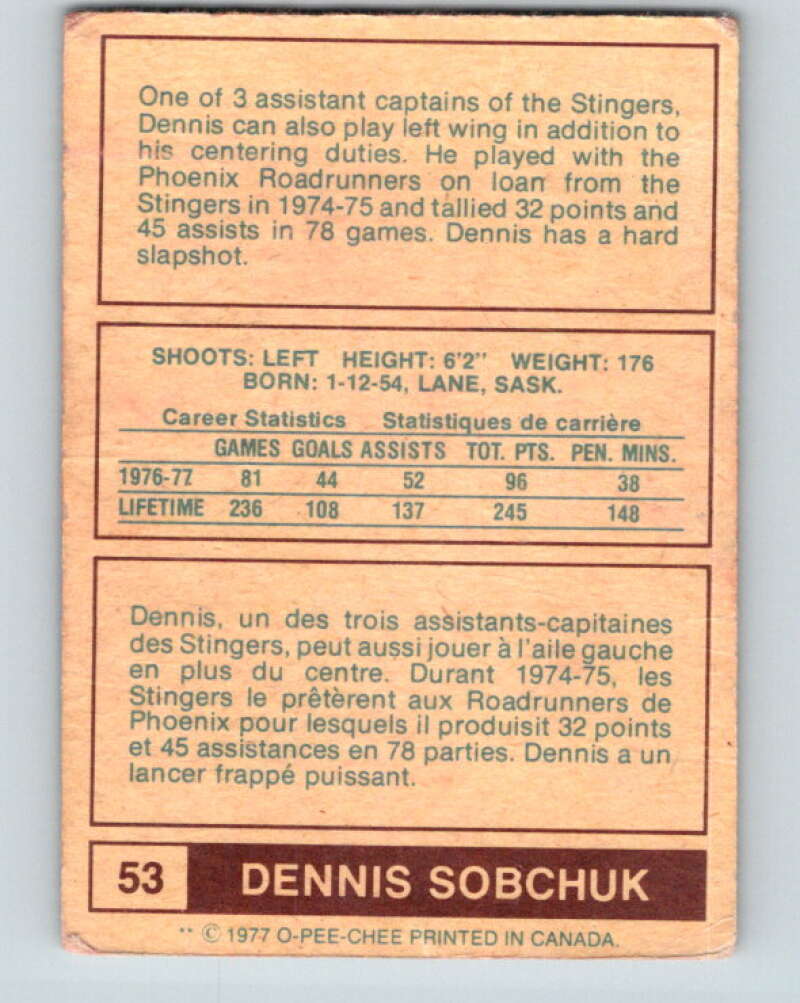 1977-78 WHA O-Pee-Chee #53 Dennis Sobchuk Cincinnati Stingers V7898