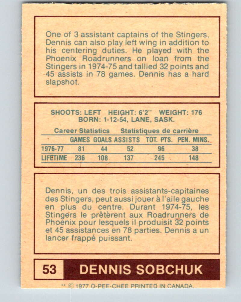 1977-78 WHA O-Pee-Chee #53 Dennis Sobchuk Cincinnati Stingers V7899