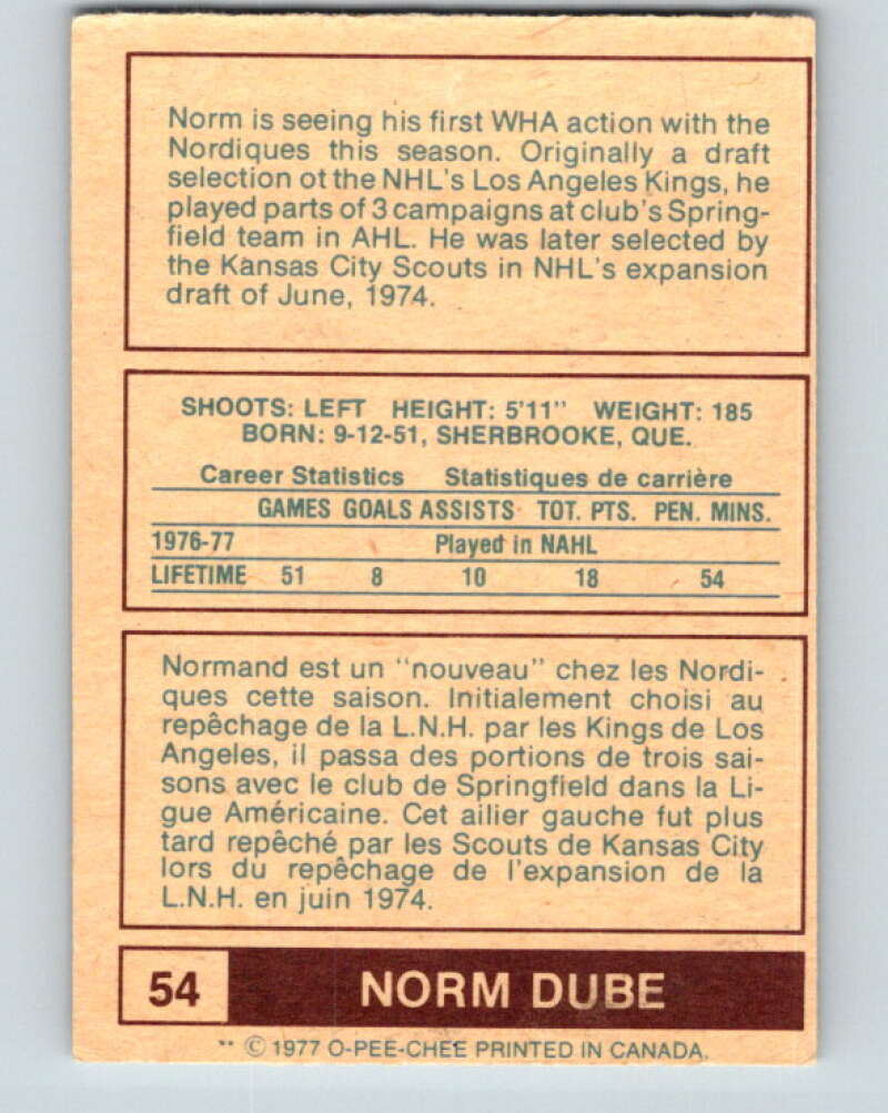 1977-78 WHA O-Pee-Chee #54 Norm Dube RC Rookie Quebec Nordiques V7900