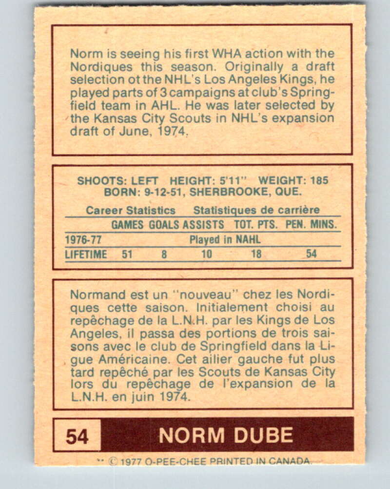 1977-78 WHA O-Pee-Chee #54 Norm Dube RC Rookie Quebec Nordiques V7901