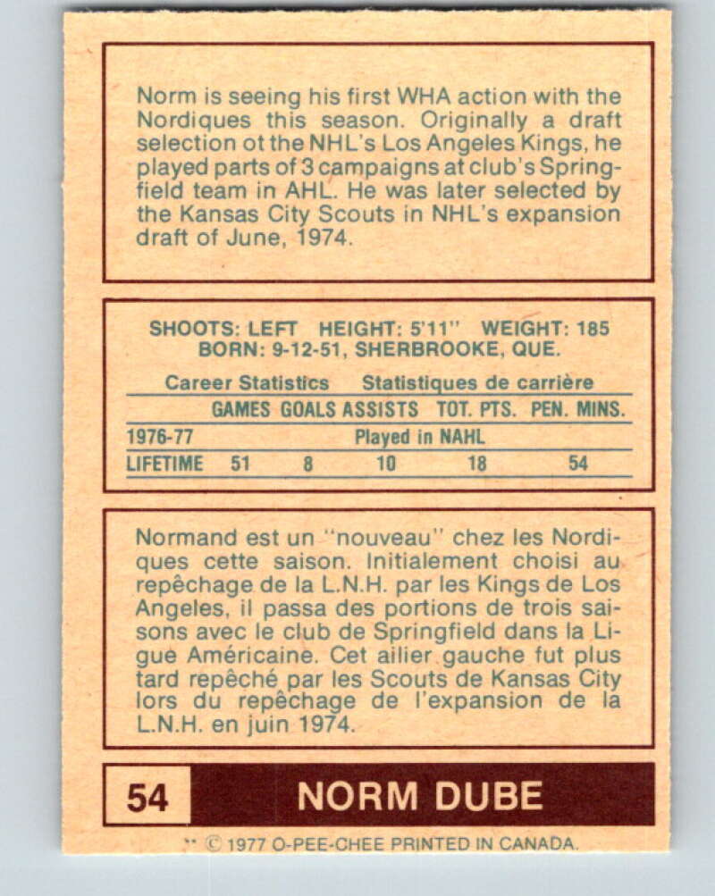 1977-78 WHA O-Pee-Chee #54 Norm Dube RC Rookie Quebec Nordiques V7902