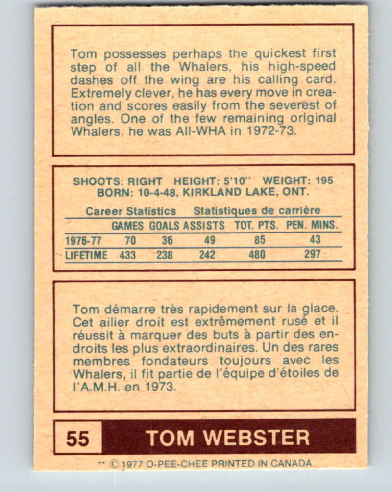 1977-78 WHA O-Pee-Chee #55 Tom Webster New England Whalers V7903