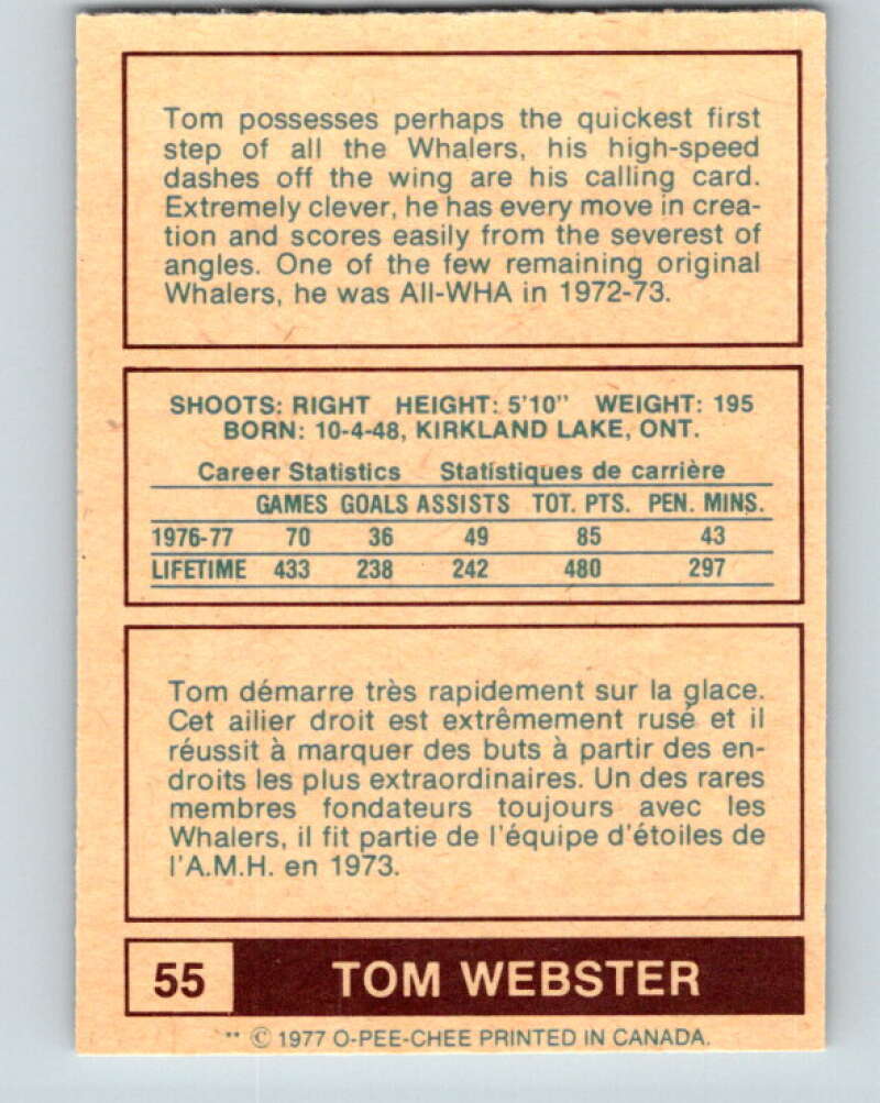 1977-78 WHA O-Pee-Chee #55 Tom Webster New England Whalers V7904