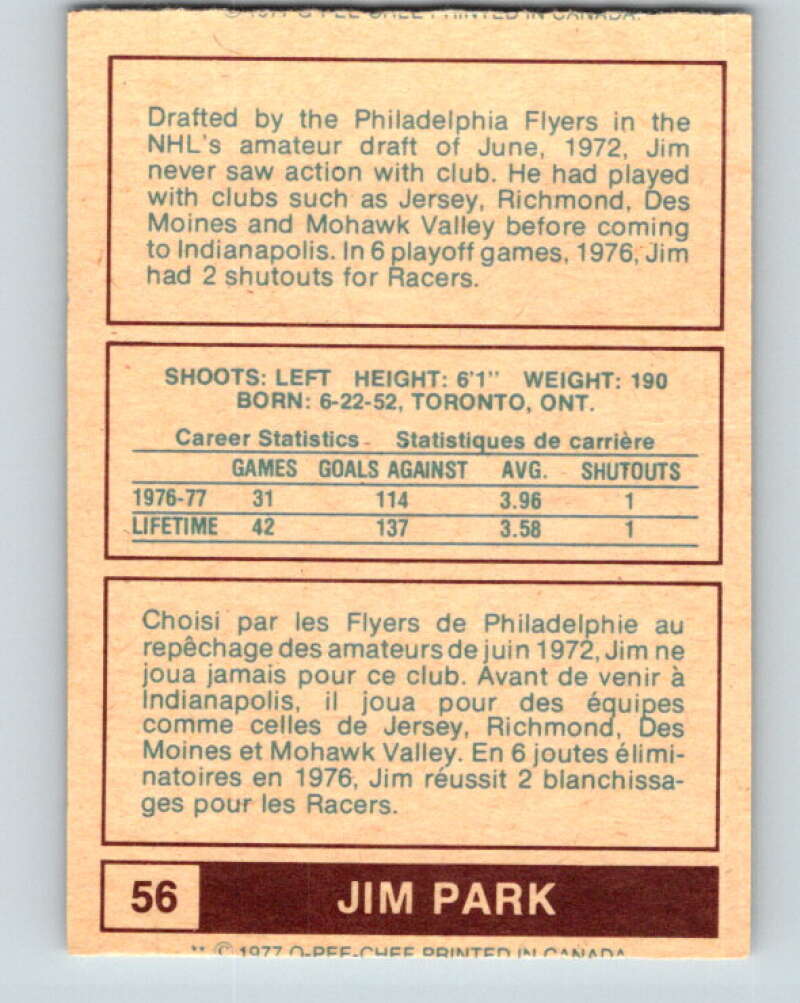 1977-78 WHA O-Pee-Chee #56 Jim Park RC Rookie Indianapolis Racers V7905