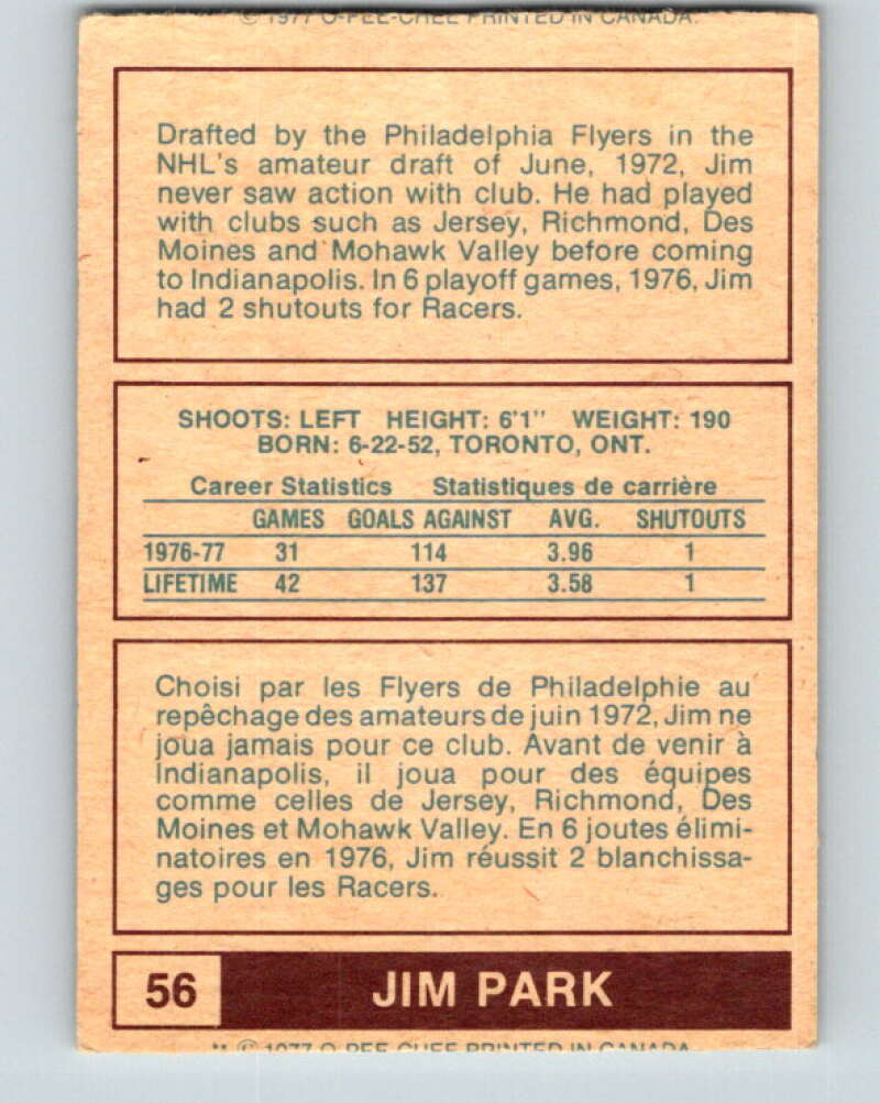 1977-78 WHA O-Pee-Chee #56 Jim Park RC Rookie Indianapolis Racers V7906