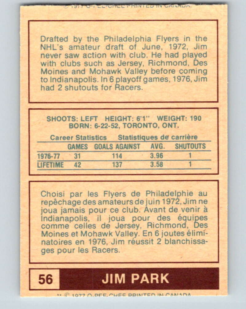 1977-78 WHA O-Pee-Chee #56 Jim Park RC Rookie Indianapolis Racers V7907