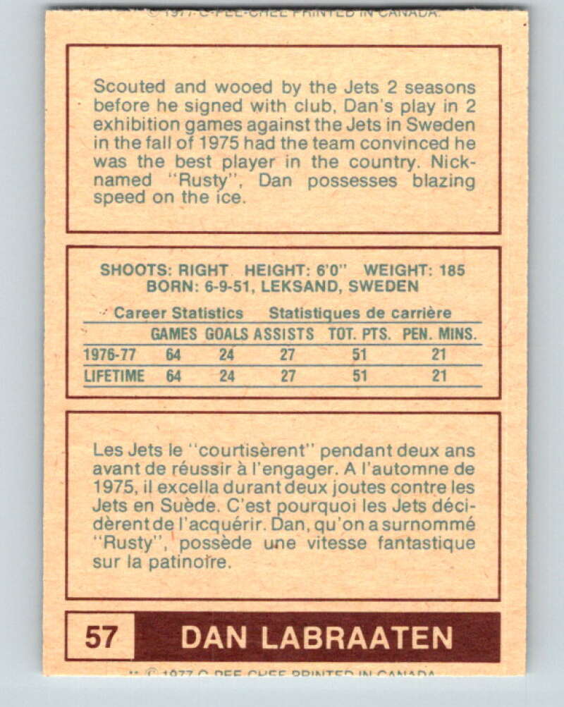 1977-78 WHA O-Pee-Chee #57 Dan Labraaten RC Rookie Winnipeg Jets V7909