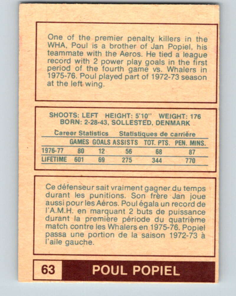 1977-78 WHA O-Pee-Chee #63 Poul Popiel Houston Aeros V7913