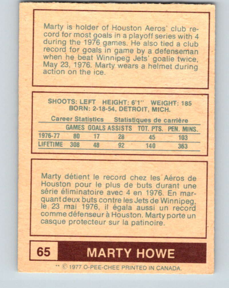 1977-78 WHA O-Pee-Chee #65 Marty Howe New England Whalers V7914