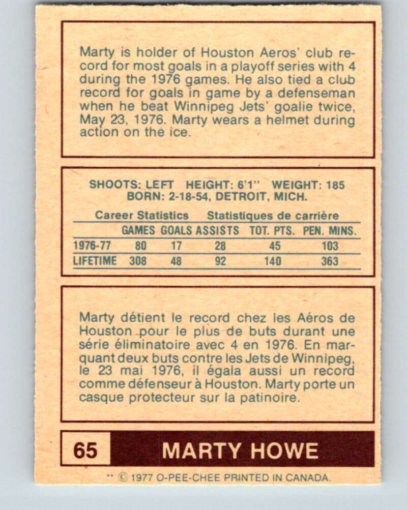1977-78 WHA O-Pee-Chee #65 Marty Howe New England Whalers V7915