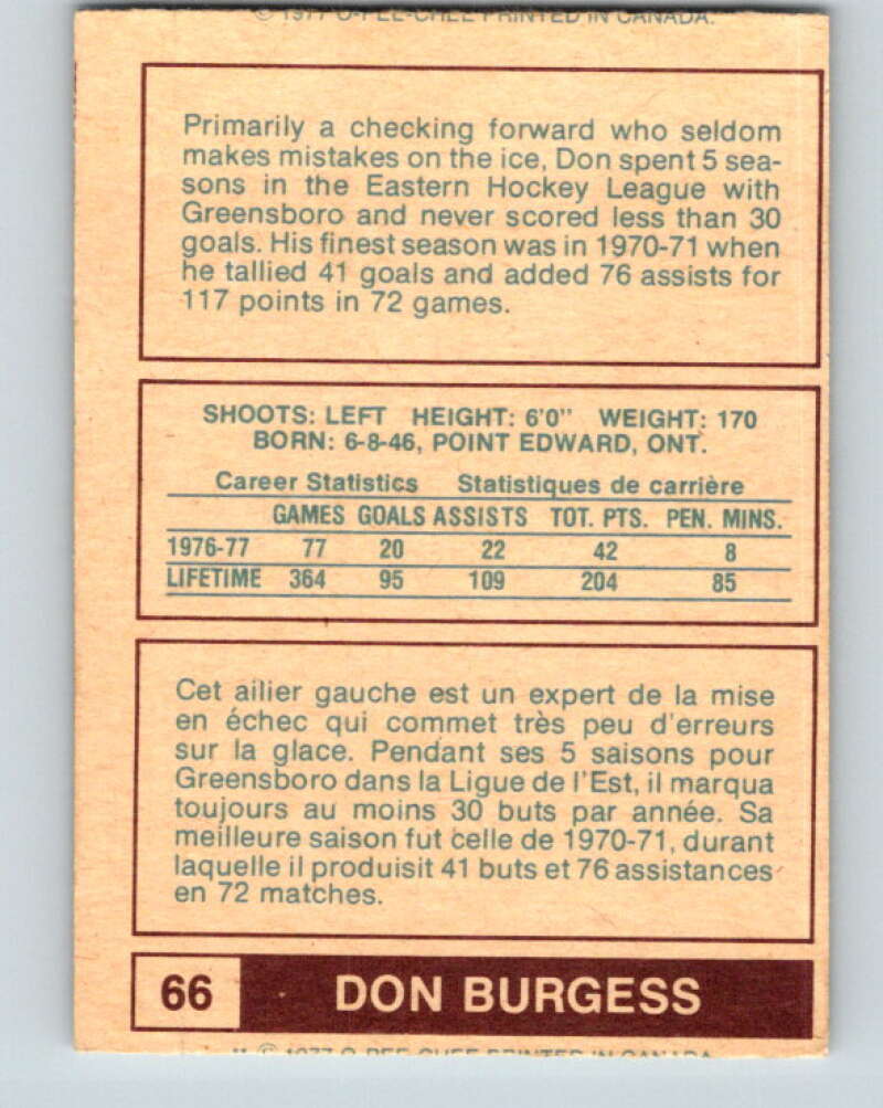 1977-78 WHA O-Pee-Chee #66 Don Burgess Indianapolis Racers V7917