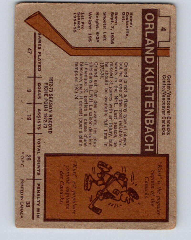 1973-74 O-Pee-Chee #4 Orland Kurtenbach Vancouver Canucks V7928