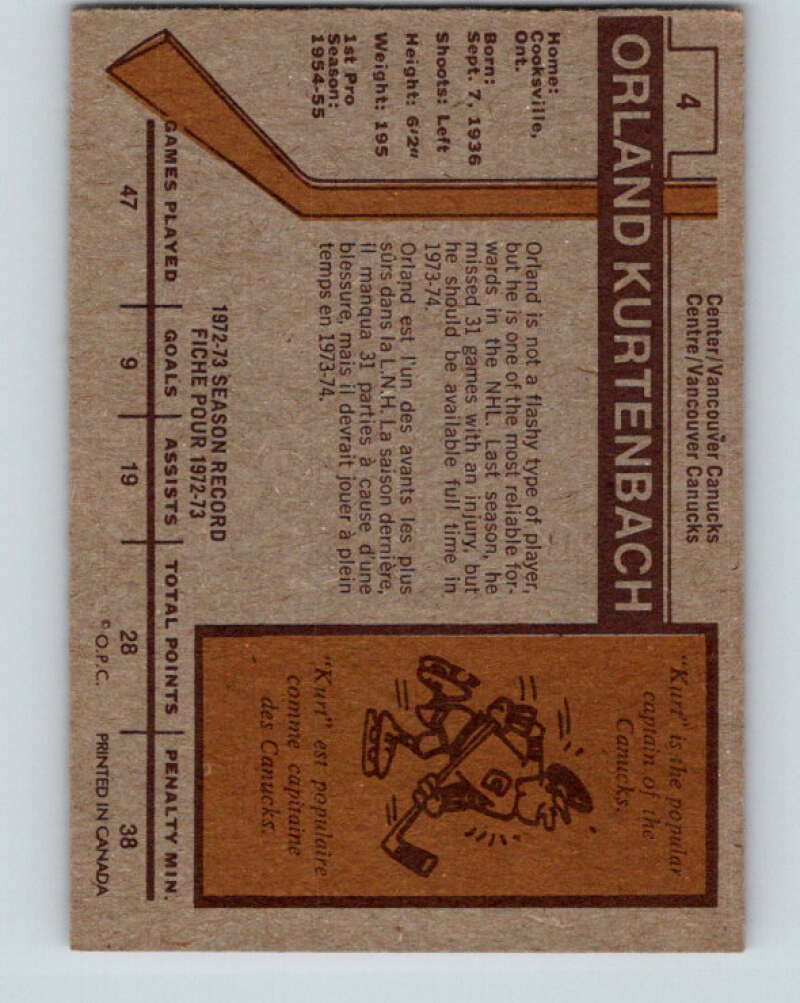 1973-74 O-Pee-Chee #4 Orland Kurtenbach Vancouver Canucks V7929