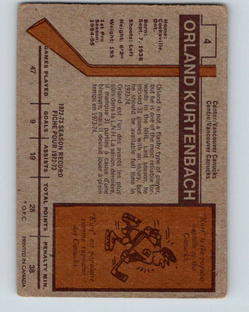 1973-74 O-Pee-Chee #4 Orland Kurtenbach Vancouver Canucks V7930