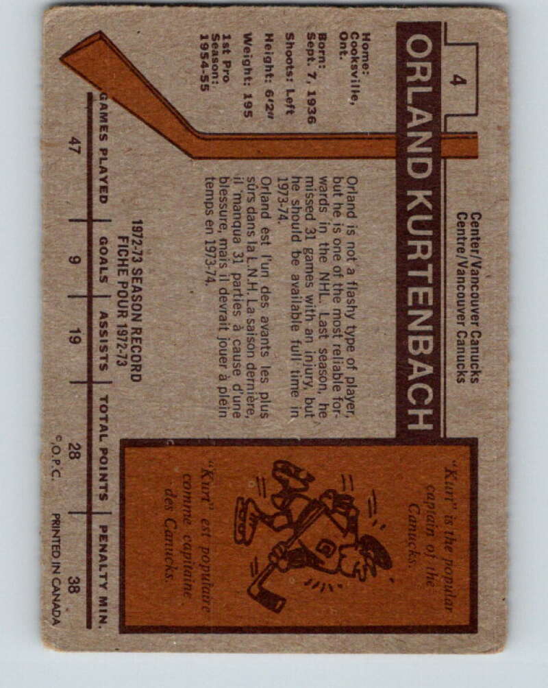 1973-74 O-Pee-Chee #4 Orland Kurtenbach Vancouver Canucks V7931