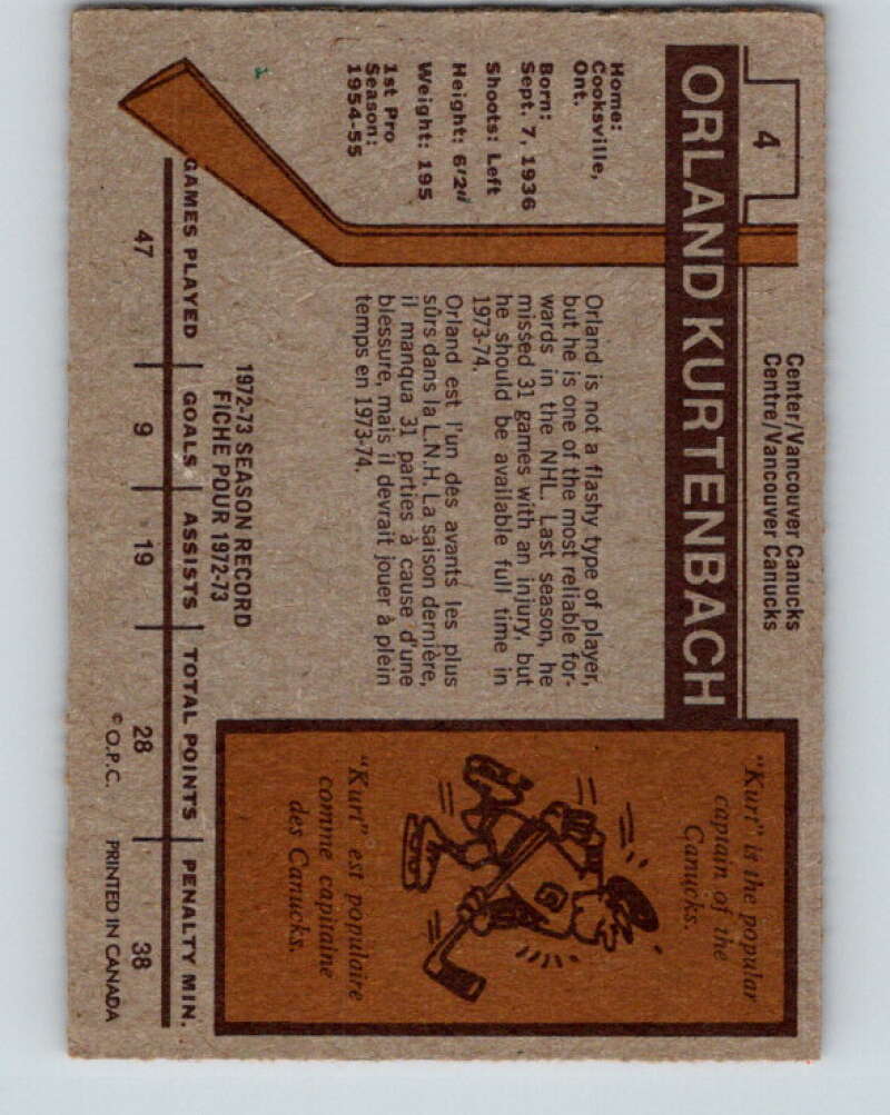 1973-74 O-Pee-Chee #4 Orland Kurtenbach Vancouver Canucks V7932
