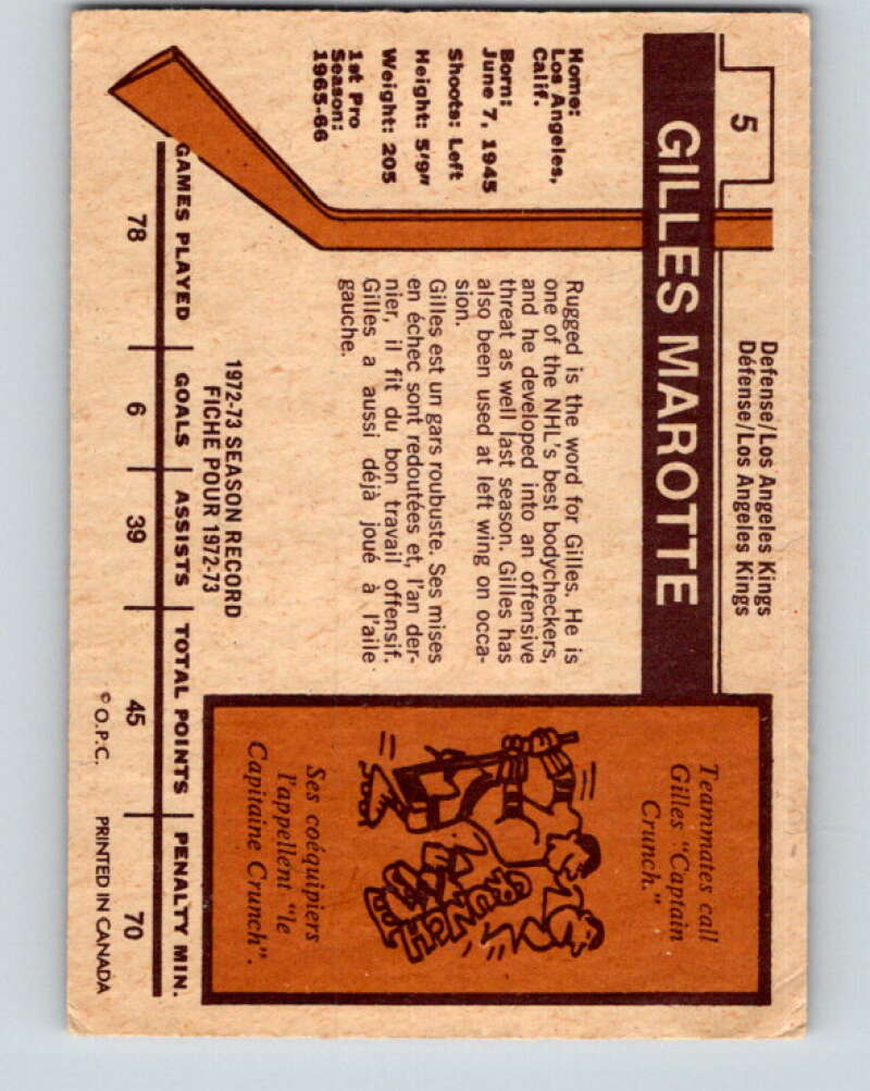 1973-74 O-Pee-Chee #5 Gilles Marotte Los Angeles Kings V7934