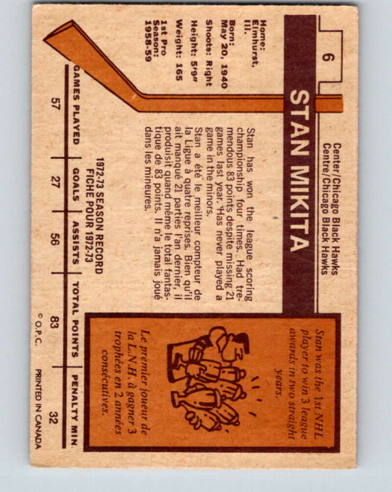 1973-74 O-Pee-Chee #6 Stan Mikita Chicago Blackhawks V7938