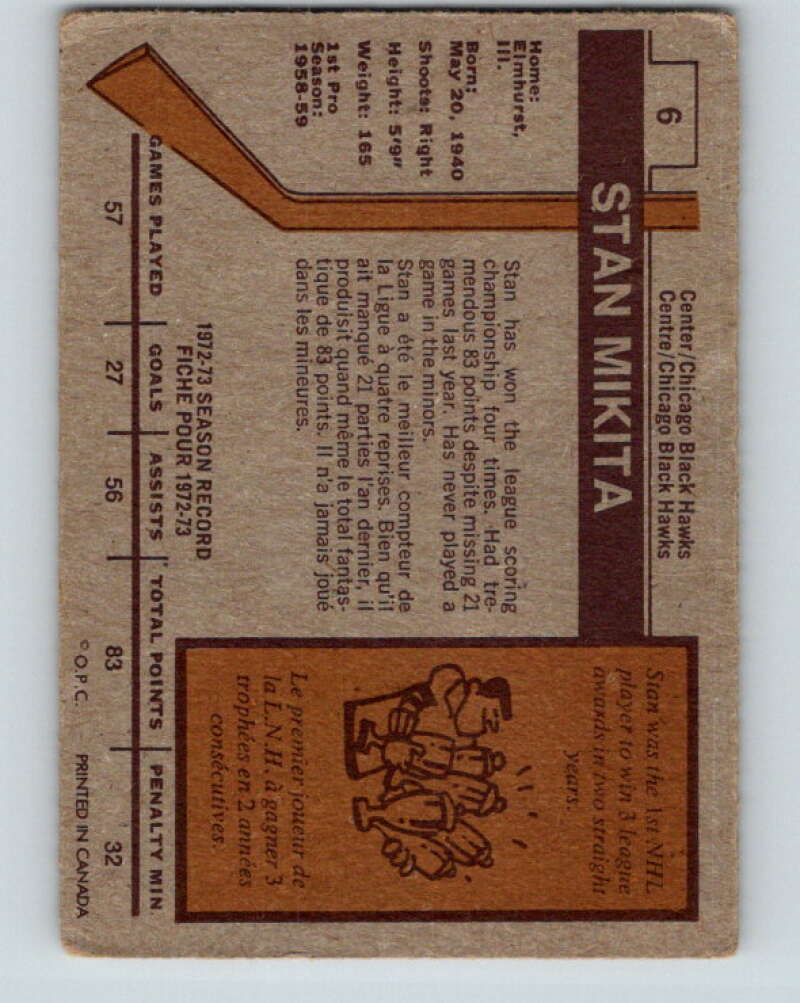1973-74 O-Pee-Chee #6 Stan Mikita Chicago Blackhawks V7939
