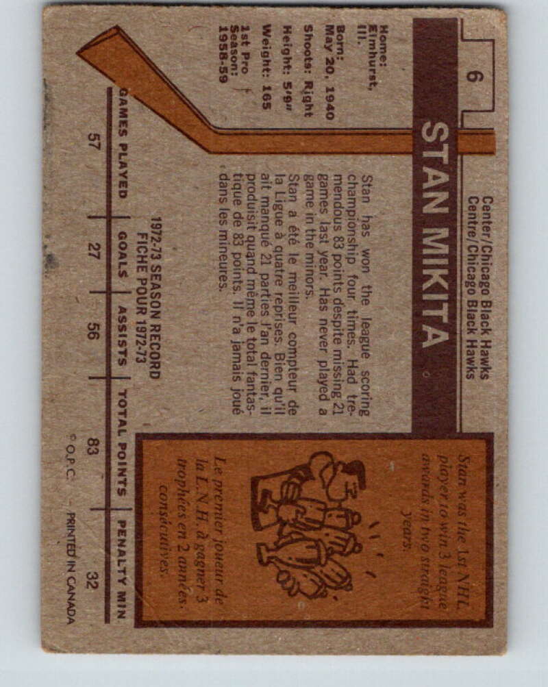 1973-74 O-Pee-Chee #6 Stan Mikita Chicago Blackhawks V7940