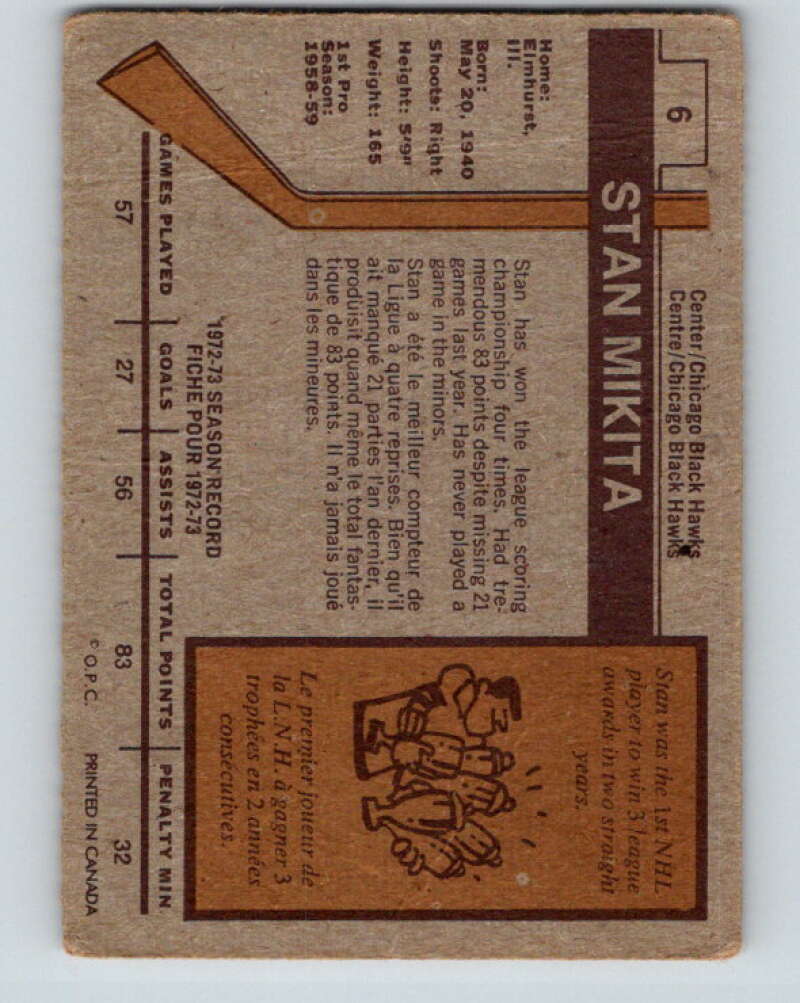 1973-74 O-Pee-Chee #6 Stan Mikita Chicago Blackhawks V7941