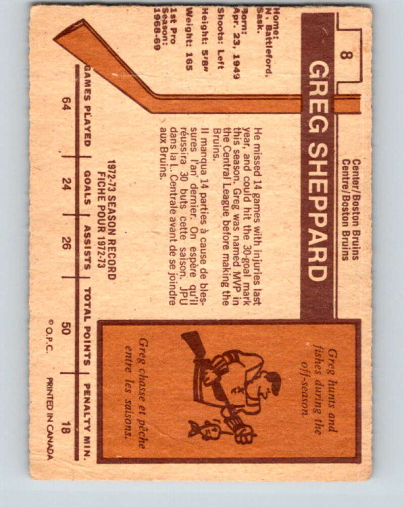 1973-74 O-Pee-Chee #8 Gregg Sheppard Boston Bruins V7946