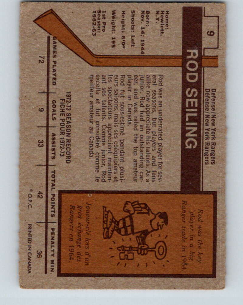 1973-74 O-Pee-Chee #9 Rod Seiling New York Rangers V7953