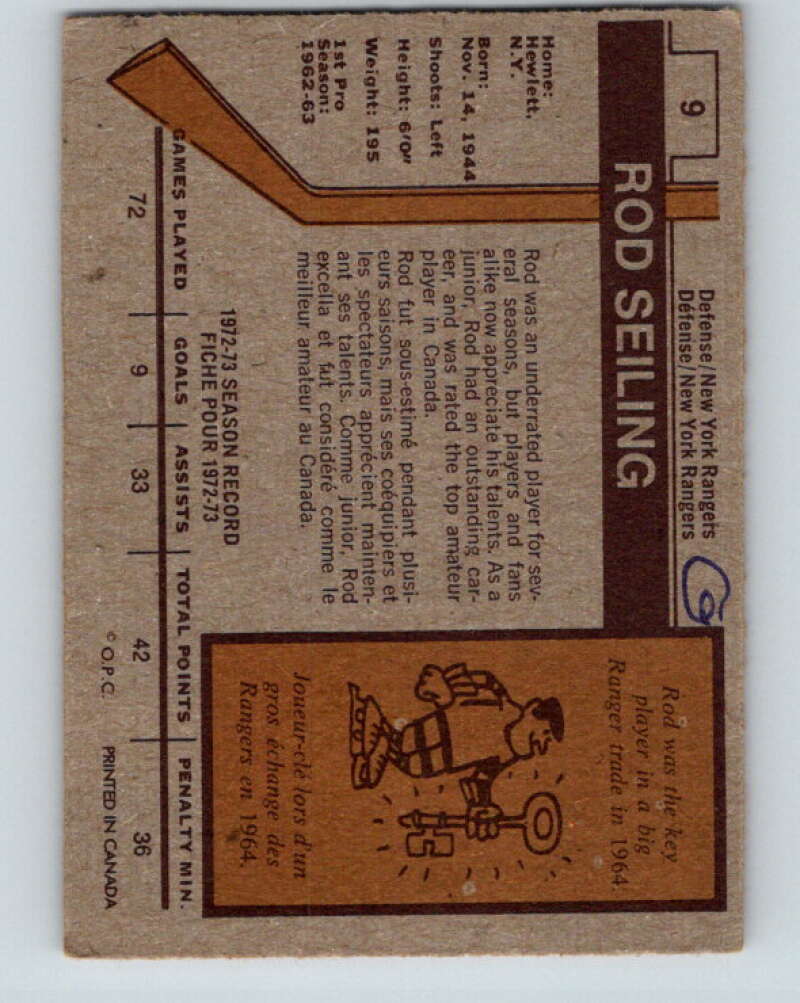 1973-74 O-Pee-Chee #9 Rod Seiling New York Rangers V7954