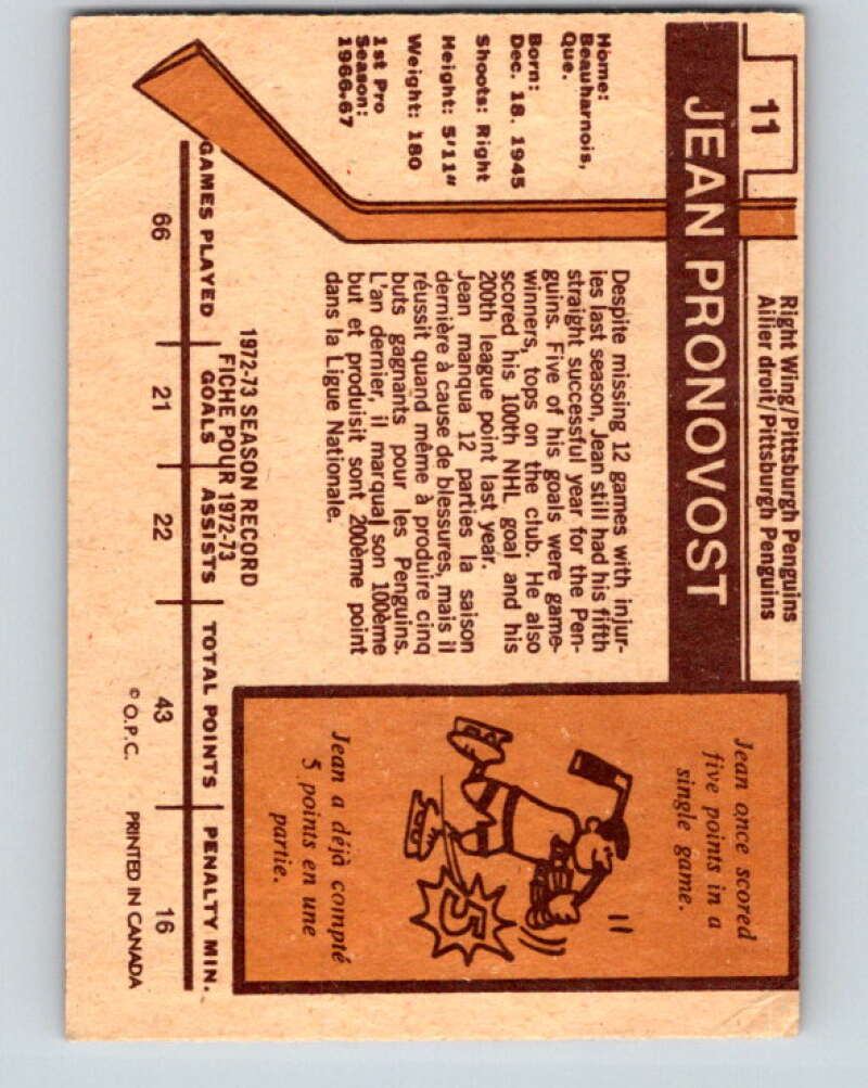 1973-74 O-Pee-Chee #11 Jean Pronovost Pittsburgh Penguins V7960