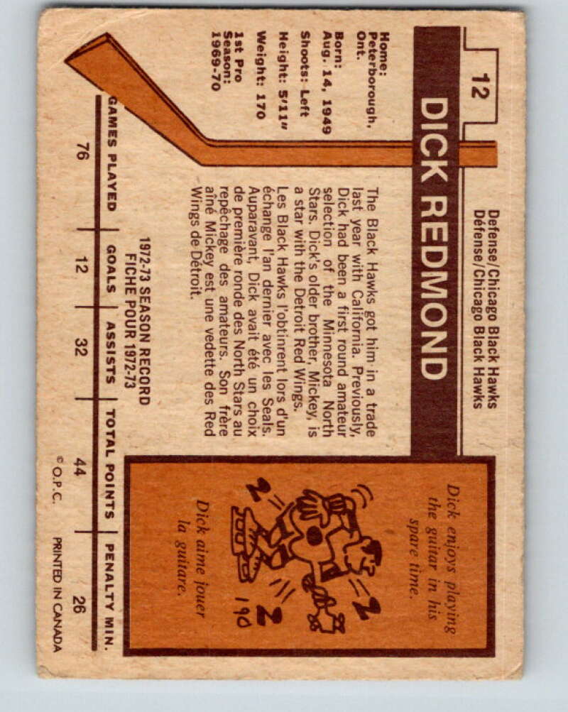 1973-74 O-Pee-Chee #12 Dick Redmond Chicago Blackhawks V7964