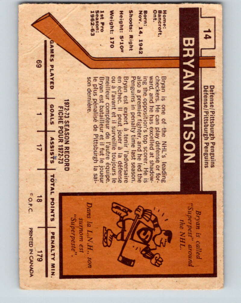 1973-74 O-Pee-Chee #14 Bryan Watson Pittsburgh Penguins V7972