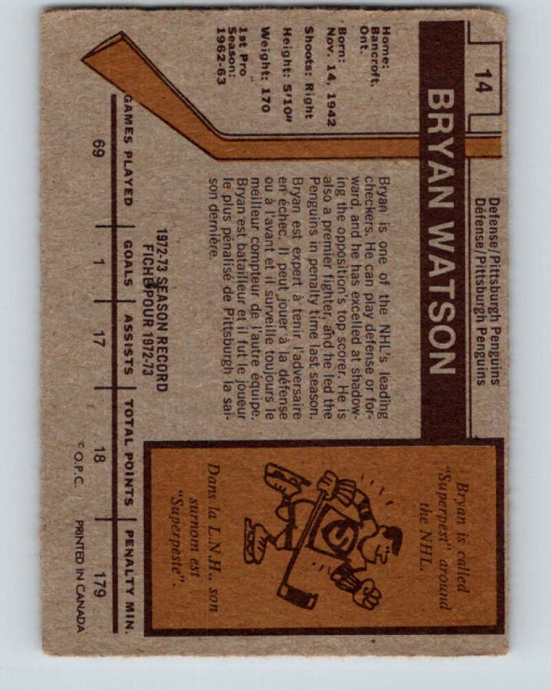 1973-74 O-Pee-Chee #14 Bryan Watson Pittsburgh Penguins V7974