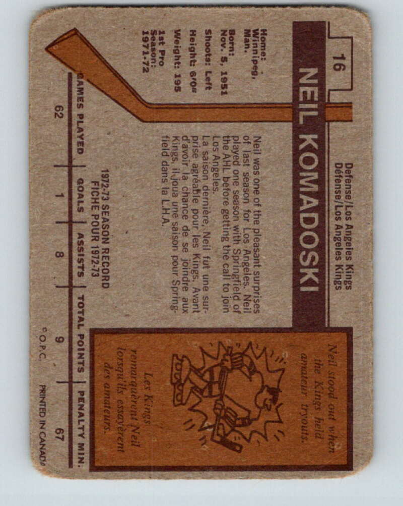 1973-74 O-Pee-Chee #16 Neil Komadoski RC Rookie Los Angeles Kings V7980