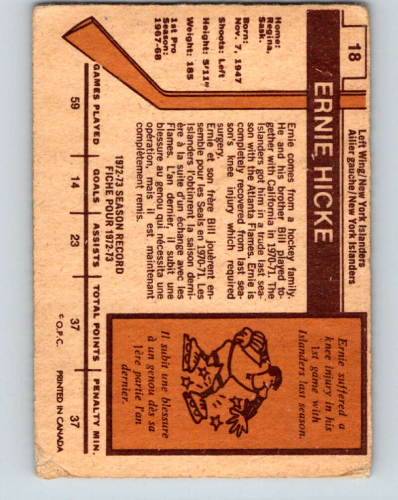 1973-74 O-Pee-Chee #18 Ernie Hicke New York Islanders V7989