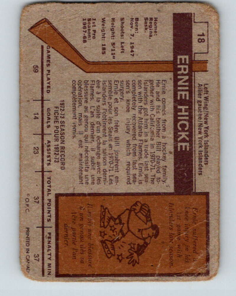 1973-74 O-Pee-Chee #18 Ernie Hicke New York Islanders V7990