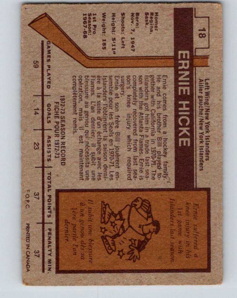 1973-74 O-Pee-Chee #18 Ernie Hicke New York Islanders V7992