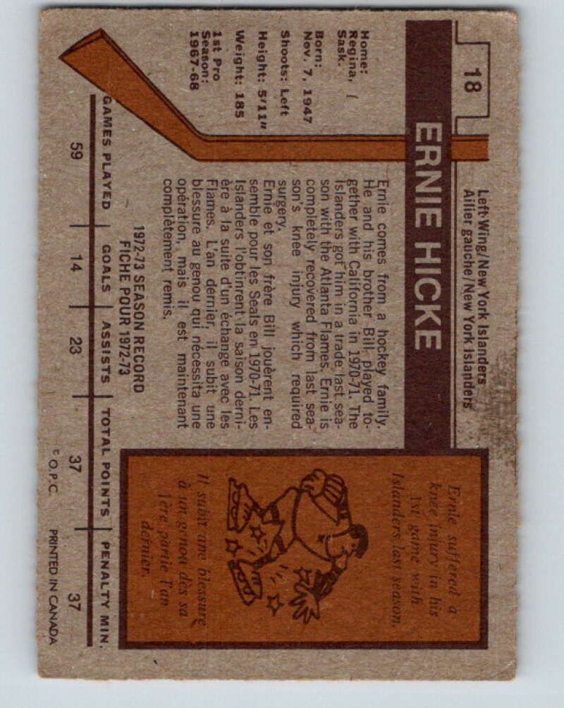 1973-74 O-Pee-Chee #18 Ernie Hicke New York Islanders V7993
