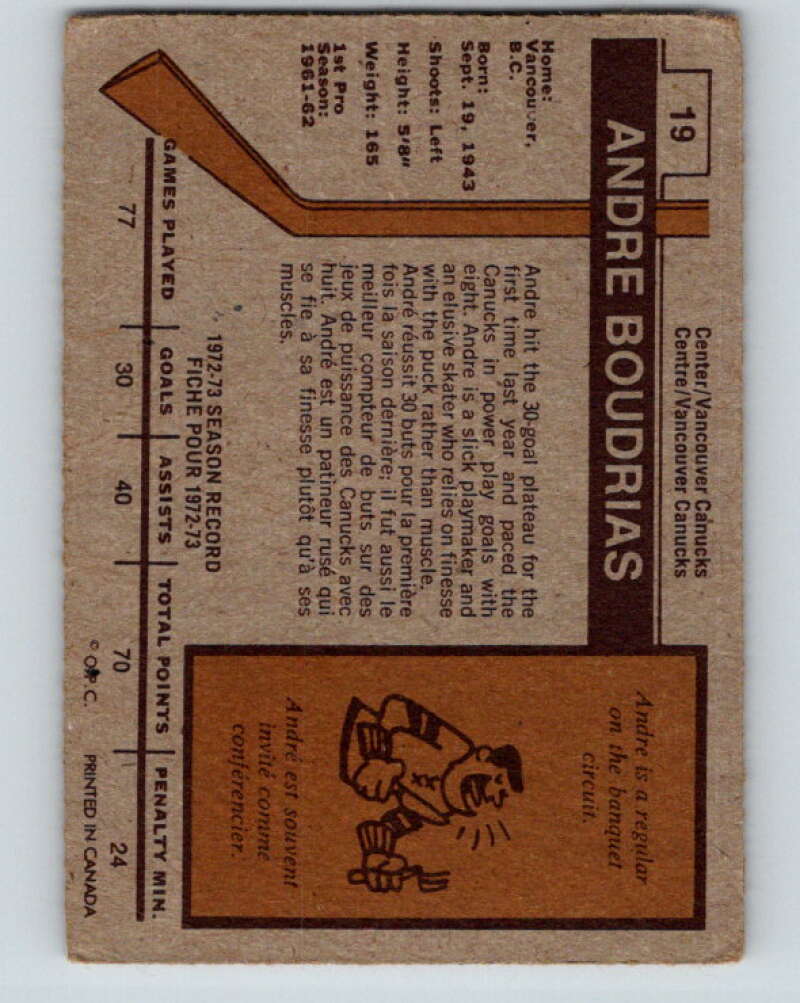 1973-74 O-Pee-Chee #19 Andre Boudrias Vancouver Canucks V7996