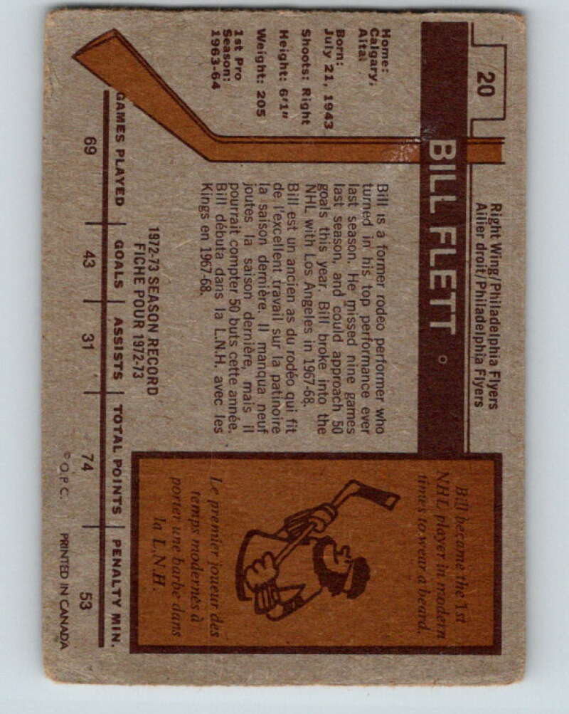 1973-74 O-Pee-Chee #20 Bill Flett Philadelphia Flyers V7999