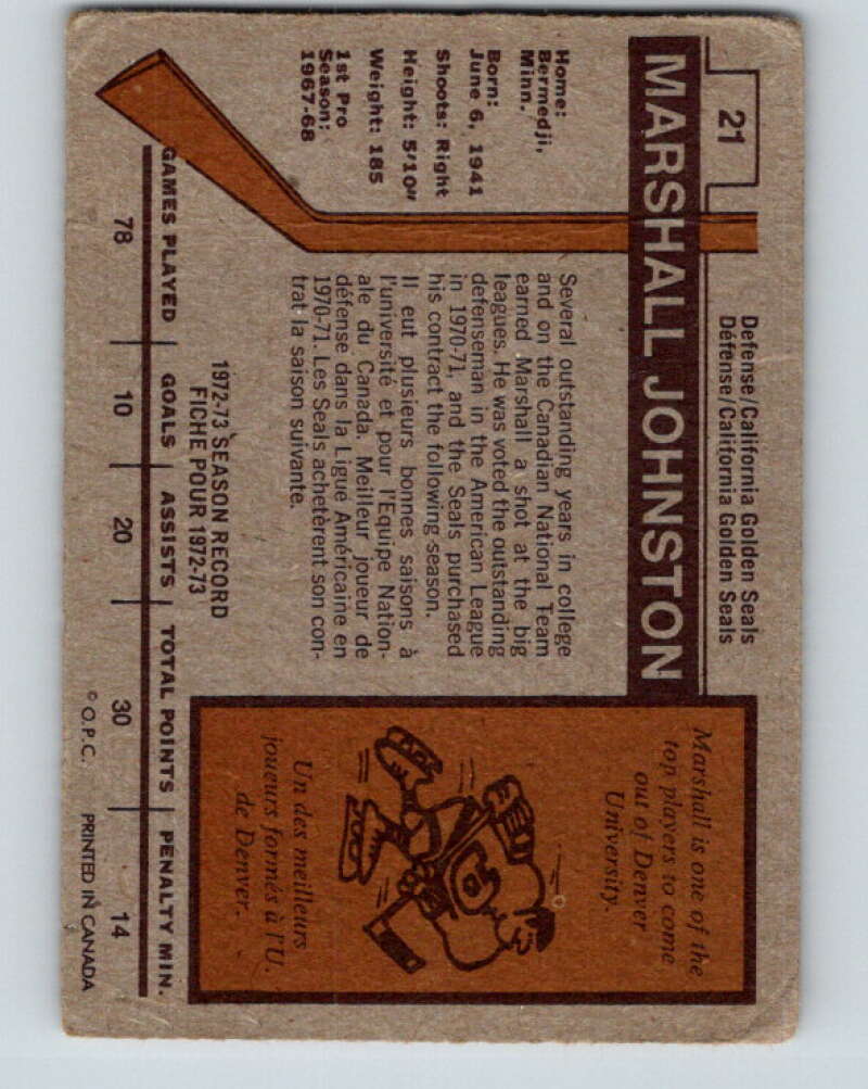 1973-74 O-Pee-Chee #21 Marshall Johnston California Golden Seals V8004