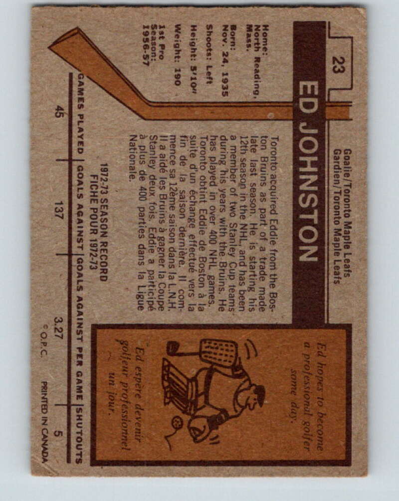 1973-74 O-Pee-Chee #23 Ed Johnston Toronto Maple Leafs V8012