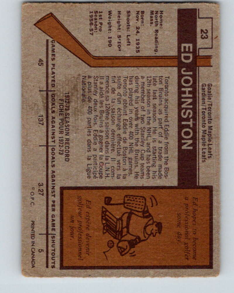 1973-74 O-Pee-Chee #23 Ed Johnston Toronto Maple Leafs V8014