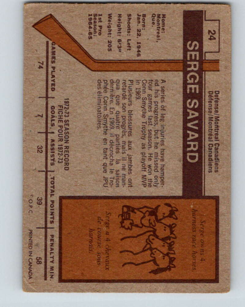 1973-74 O-Pee-Chee #24 Serge Savard Montreal Canadiens V8017