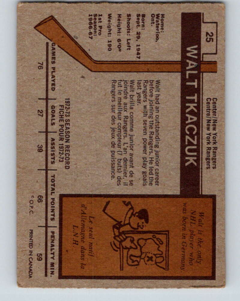 1973-74 O-Pee-Chee #25 Walt Tkaczuk New York Rangers V8018