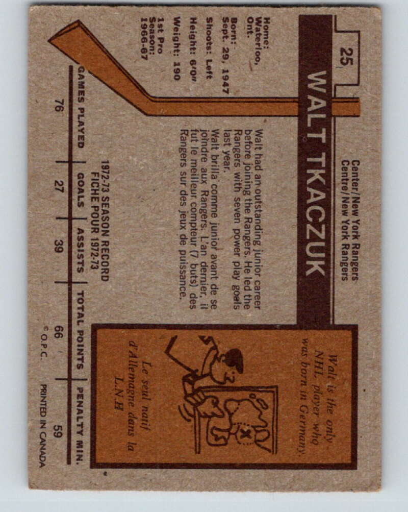 1973-74 O-Pee-Chee #25 Walt Tkaczuk New York Rangers V8019
