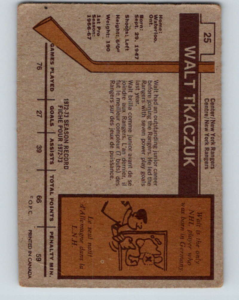 1973-74 O-Pee-Chee #25 Walt Tkaczuk New York Rangers V8020