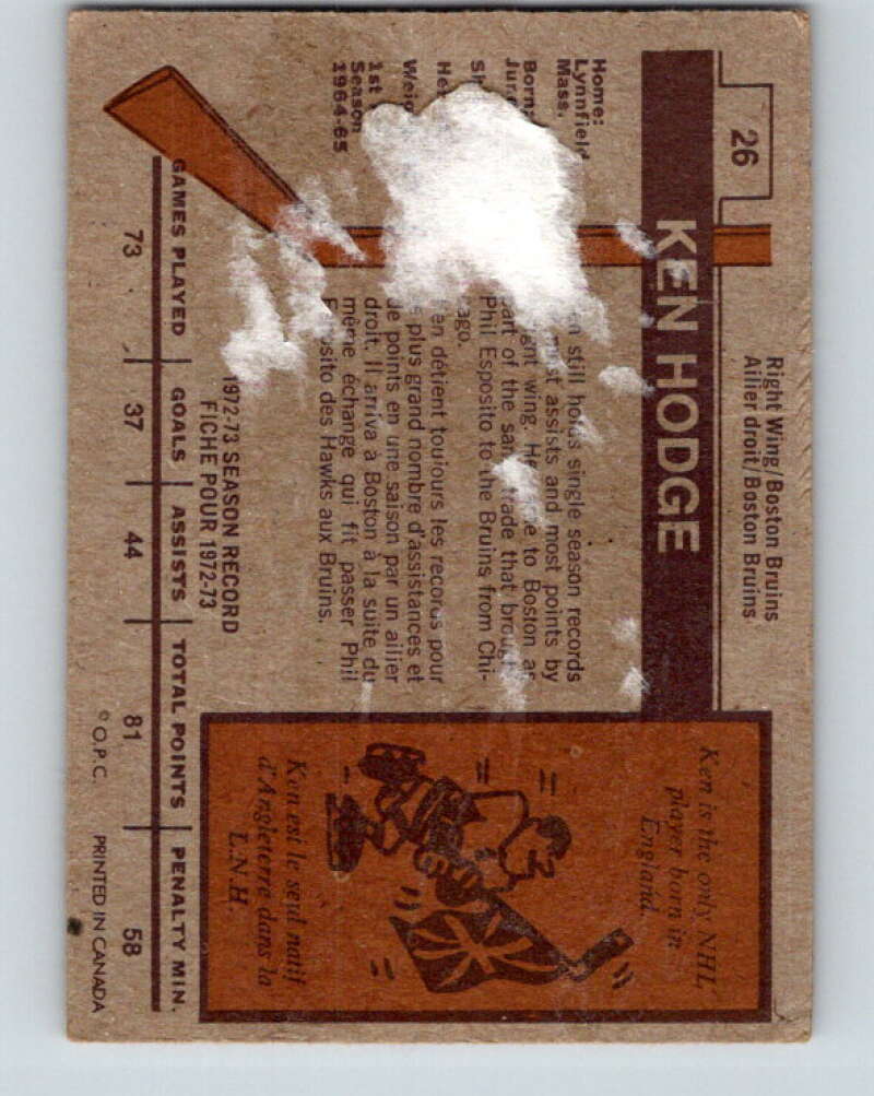 1973-74 O-Pee-Chee #26 Ken Hodge Boston Bruins V8022