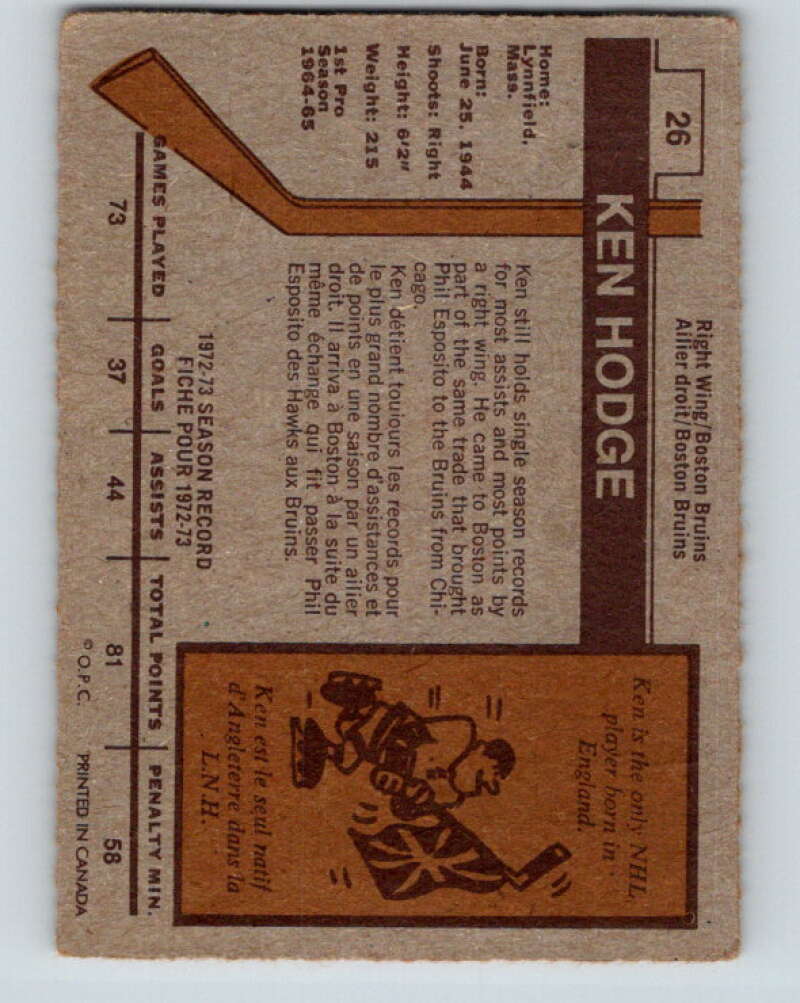1973-74 O-Pee-Chee #26 Ken Hodge Boston Bruins V8023
